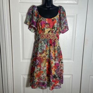 Vintage ICE Dress Womens 14 Multicolored Y2K Floral Beaded Waist Short‎ Sleeve